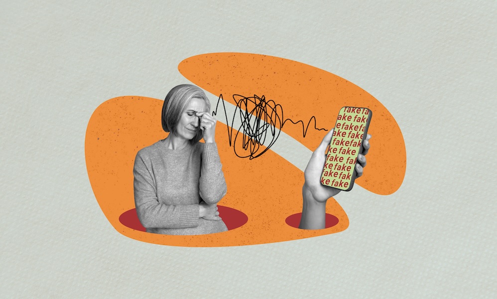 Composite image collage of upset woman headache problem hand hold iphone lie fake propaganda disinformation isolated on painted background