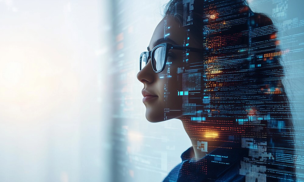 Female IT specialist learns to analyze code and data technology, cyber security, impact of artificial intelligence augmented reality, side profile, copy space. AI generation