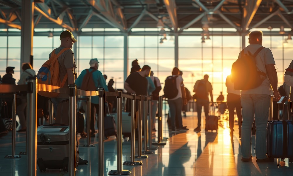 Airport terminal passengers queue for check in and security, travelers waiting to drop off luggage