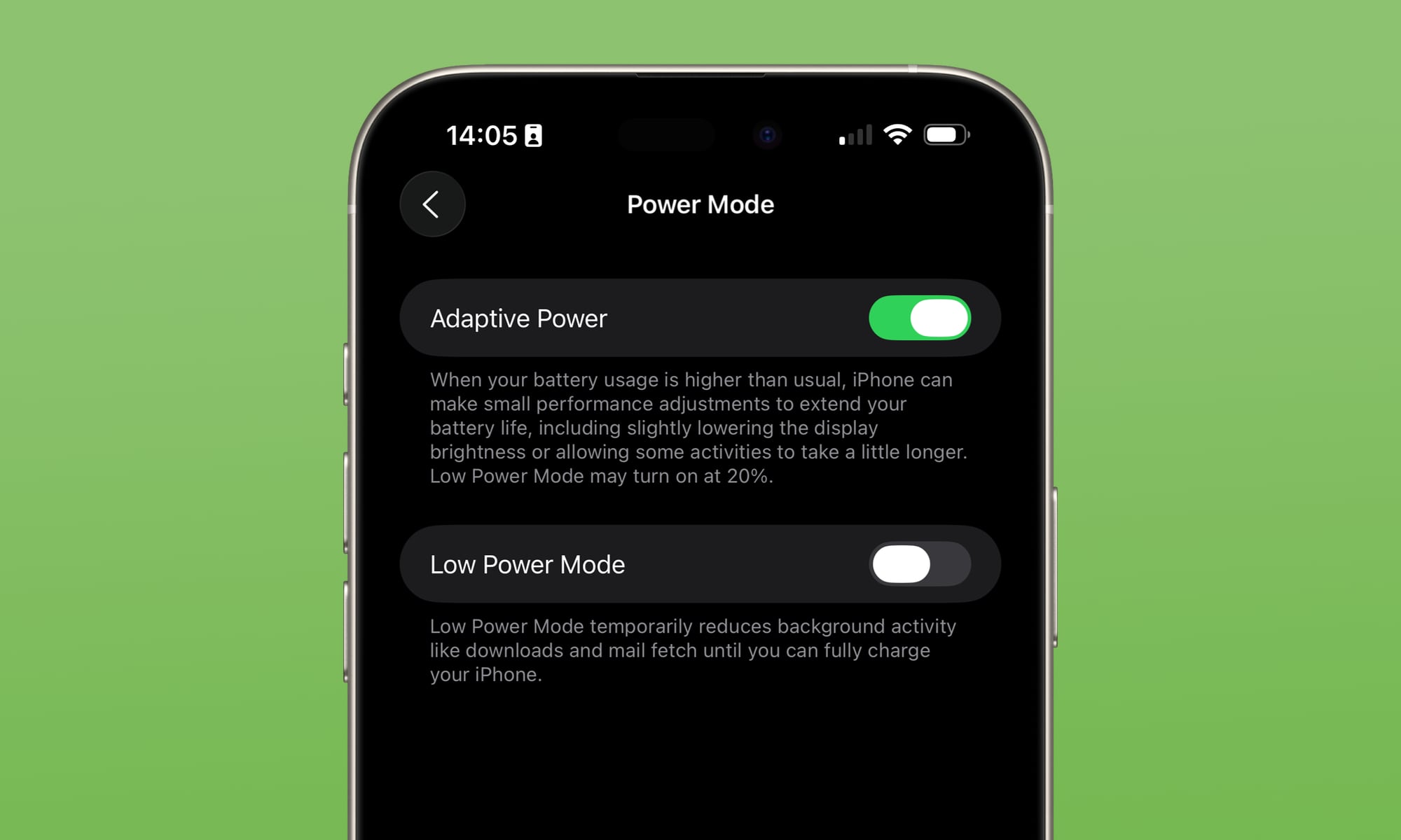 iOS 26 beta 1 Adaptive Power mode hero