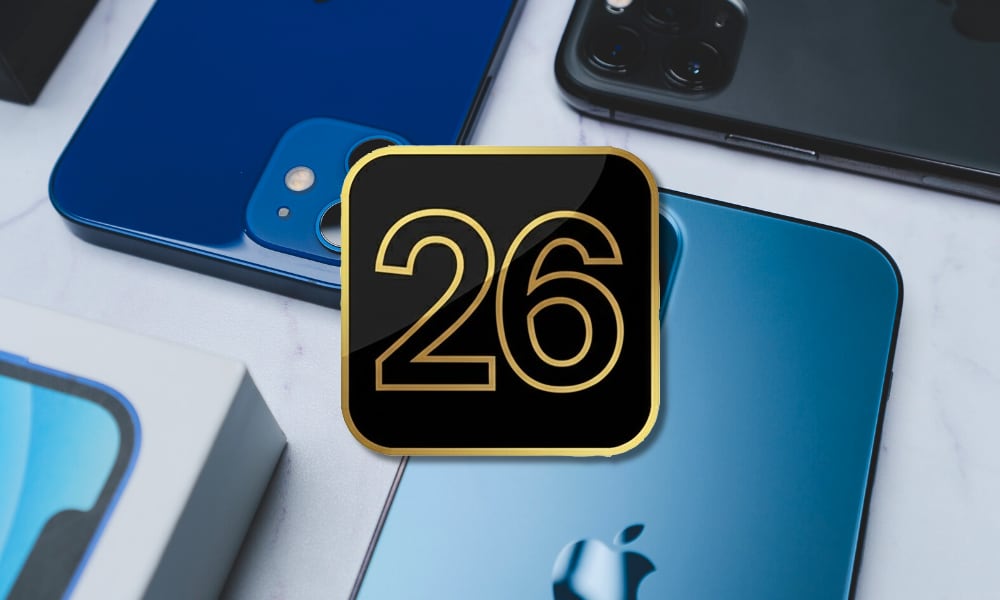 iOS 26 logo on blue iPhones