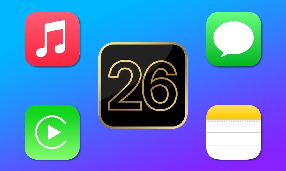 iOS 26 logo with Music Messages CarPlay and Notes icons