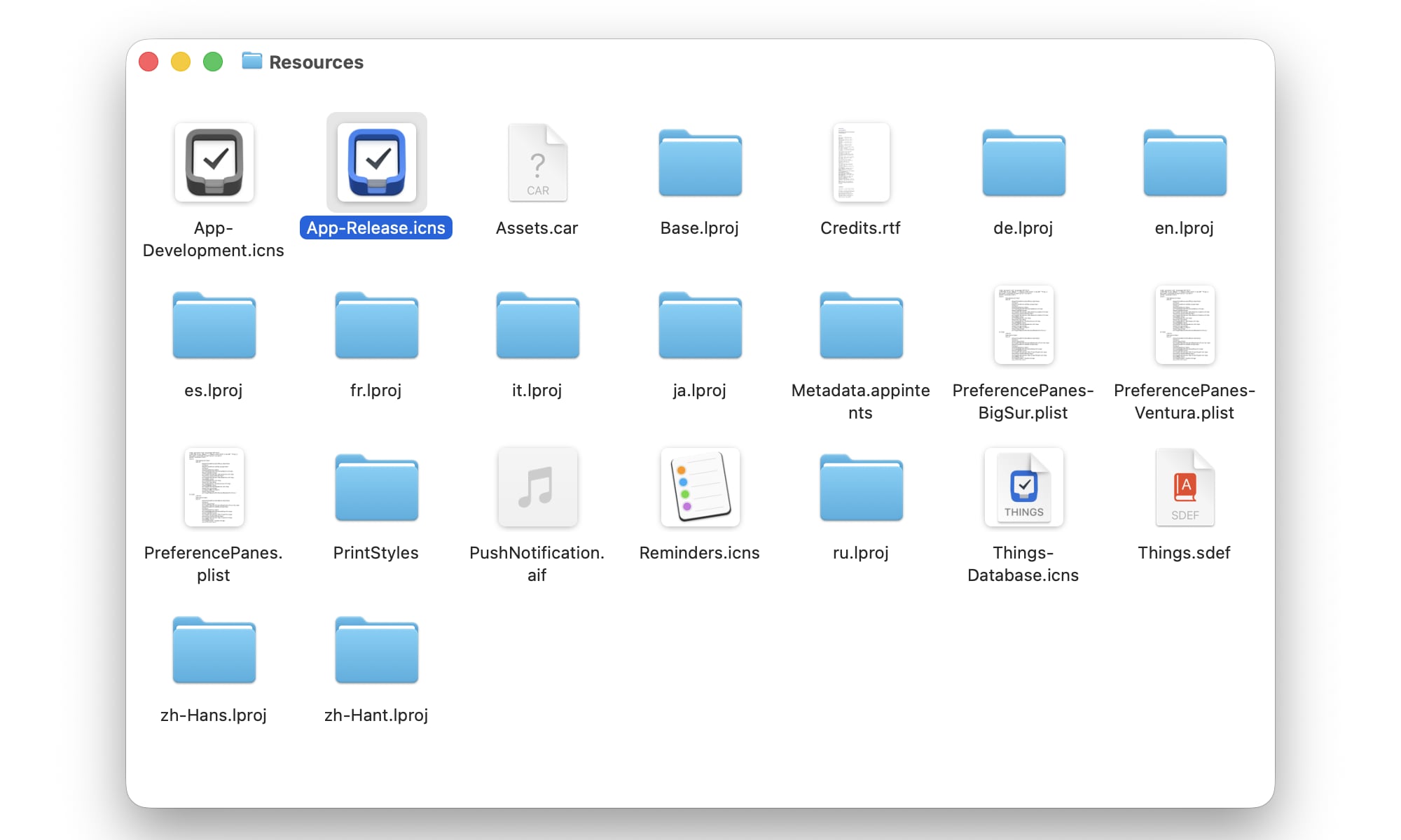 macOS Tahoe package contents of Things with app icons