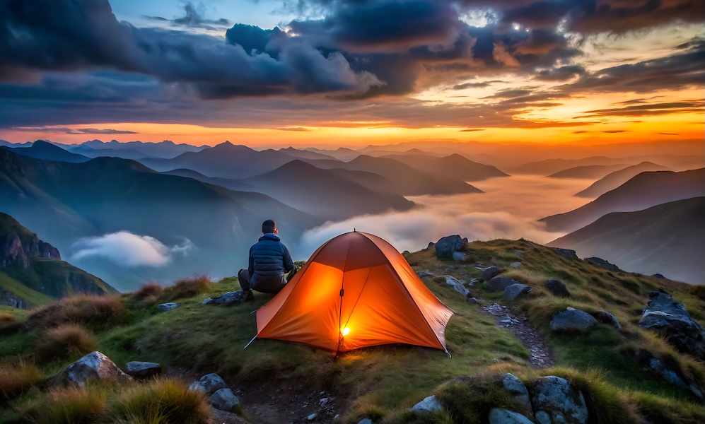 Person relaxing in a tent at sunset with a stunning mountain and cloud view