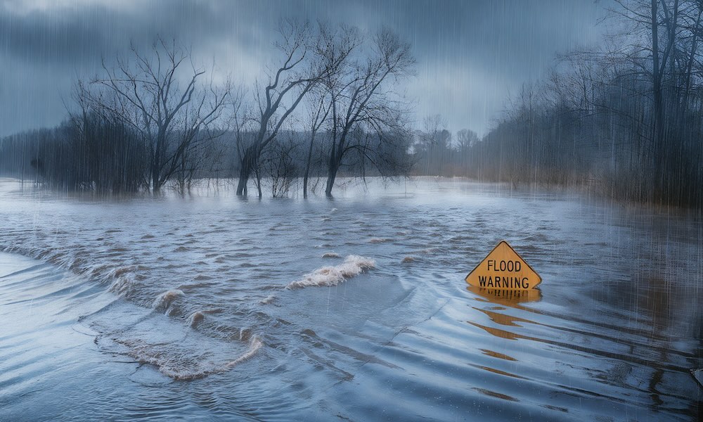 flood warning sign, road flooded with water, river overflow, and heavy rain for weather and flood news