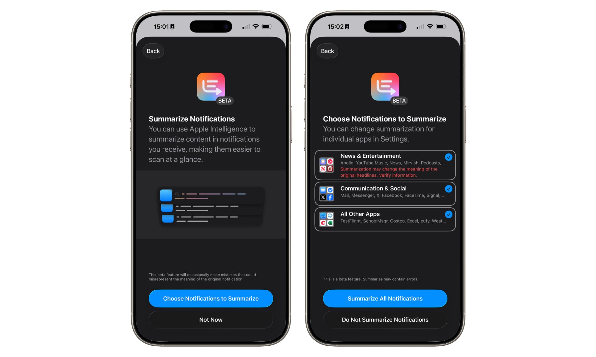 iOS 26 beta 4 notification summaries setup