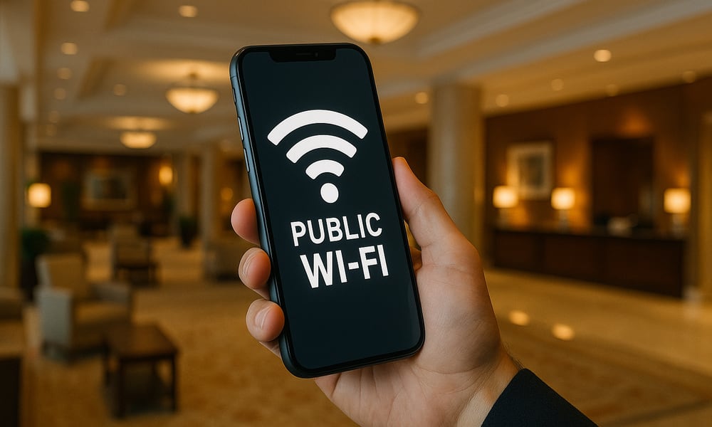 person holding phone with public Wi Fi logo in hotel lobby 2