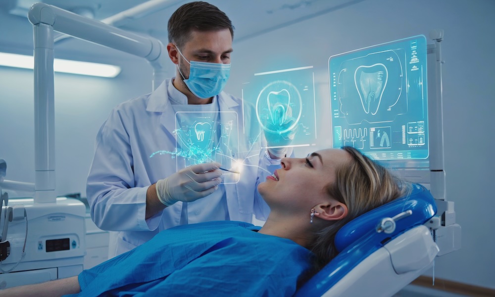 Dentist examining patient with high tech holographic tooth interface – advanced dental care, augmented reality diagnostics, and innovative digital tools in a modern medical treatment clinic setting.