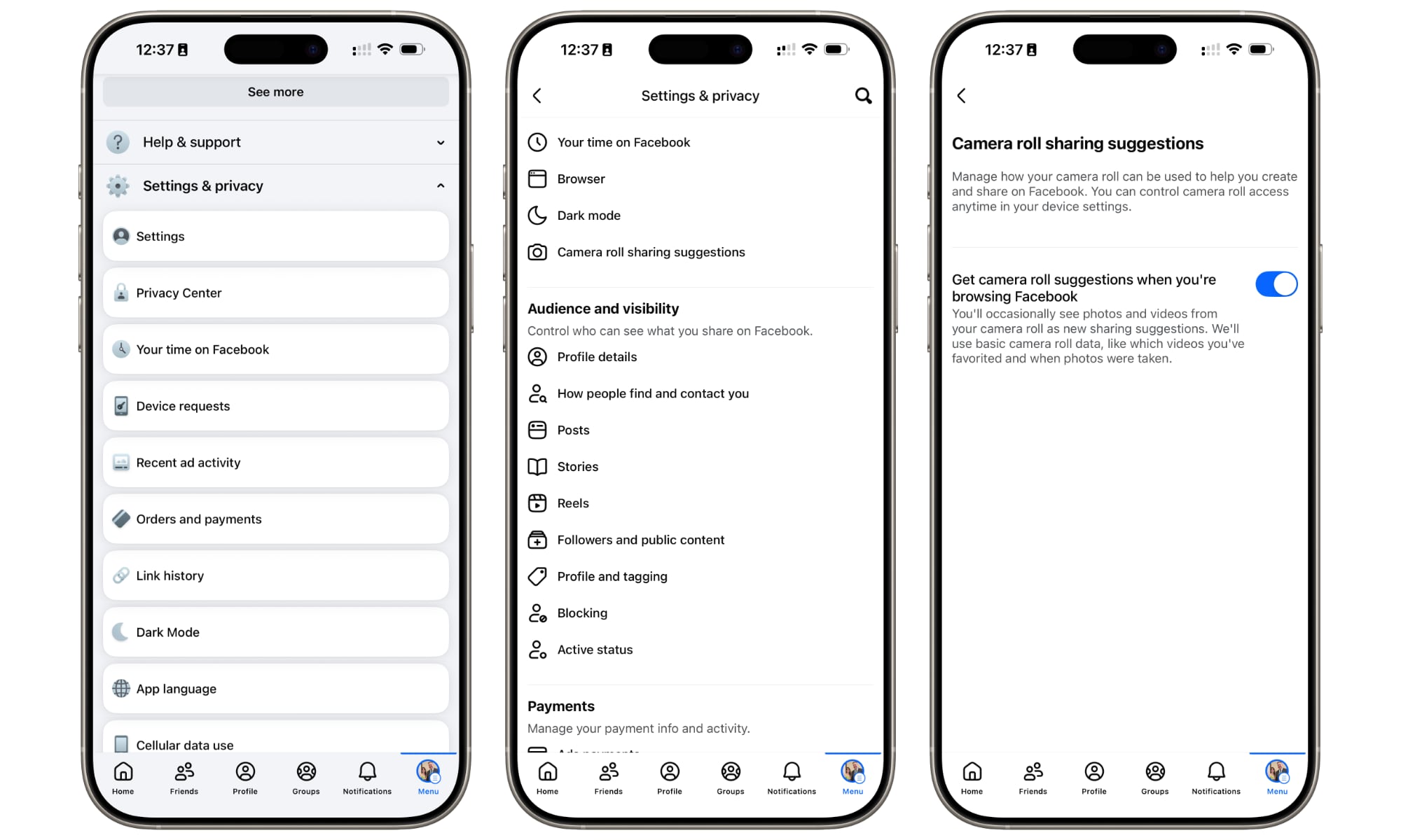 Facebook camera roll sharing