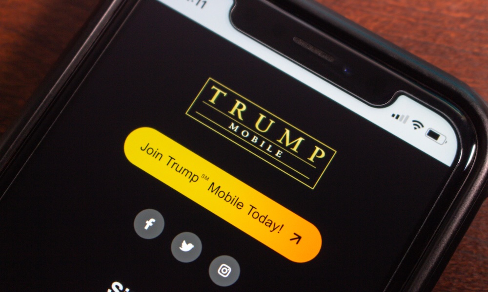 Mexico City, MEXICO Jun 24 2025 : Smartphone screen displaying Trump Mobile’s call to action website page with yellow “Join Today” button and social media icons.