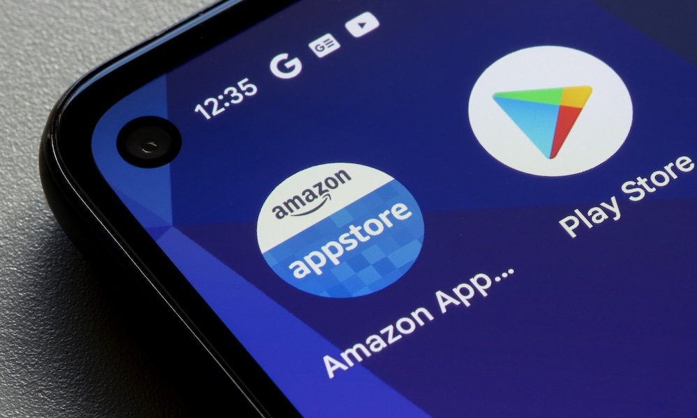 Portland, OR, USA Dec 5, 2021: Amazon Appstore and Google Play Store icons are seen on a Google Pixel smartphone.
