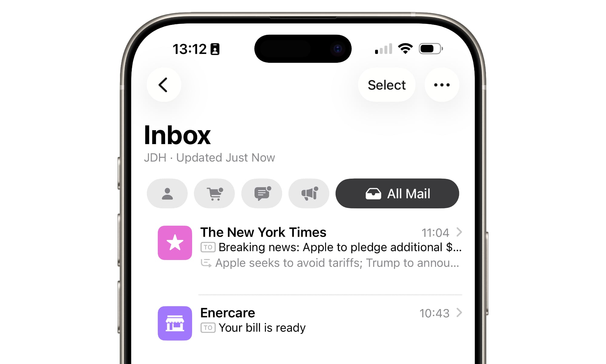 iOS 26 beta 5 Apple Mail Select button