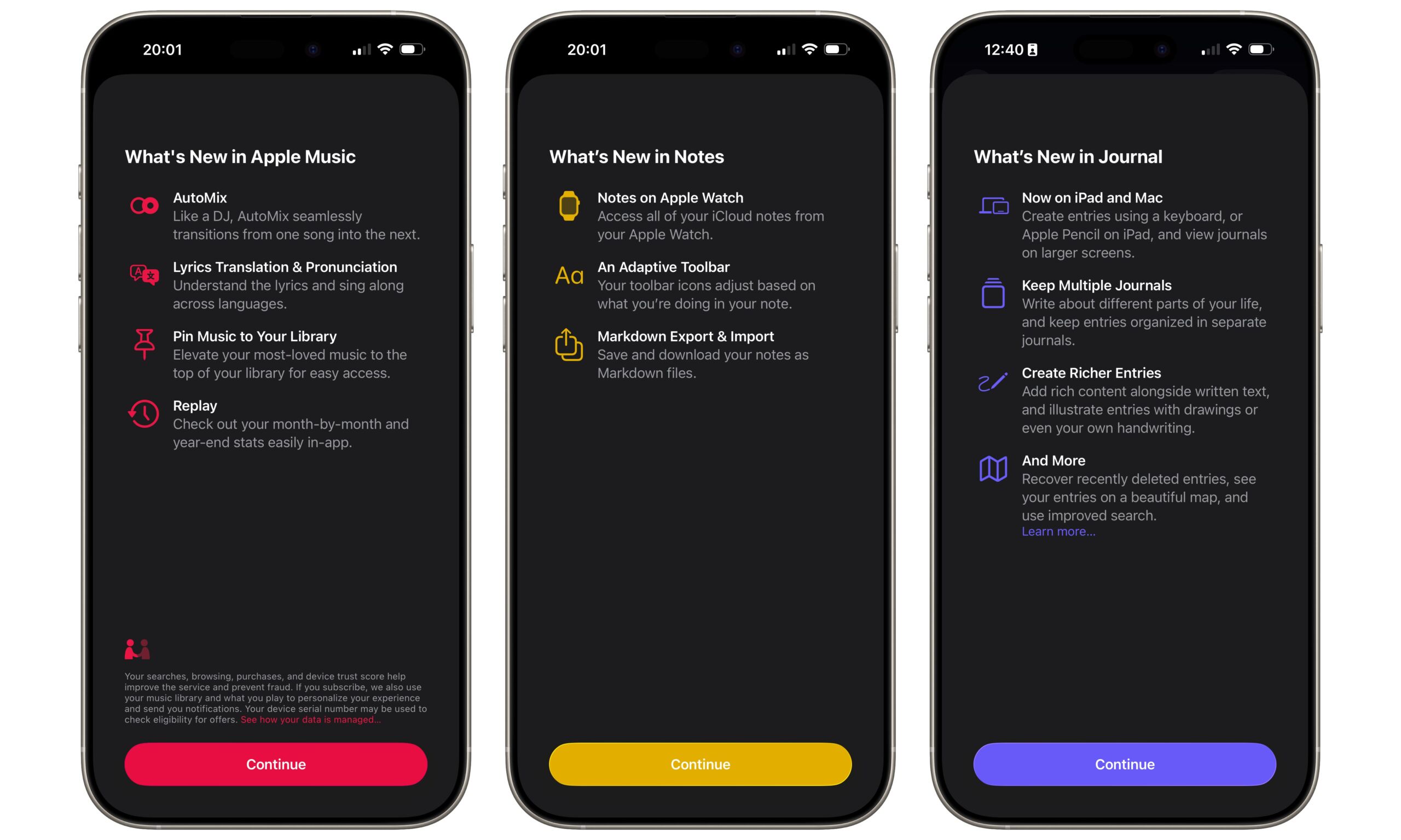 iOS 26 beta 5 splash screens Music Notes Journal