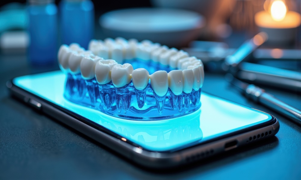 Dental model with teeth displayed on a smartphone screen in a modern dental clinic setting