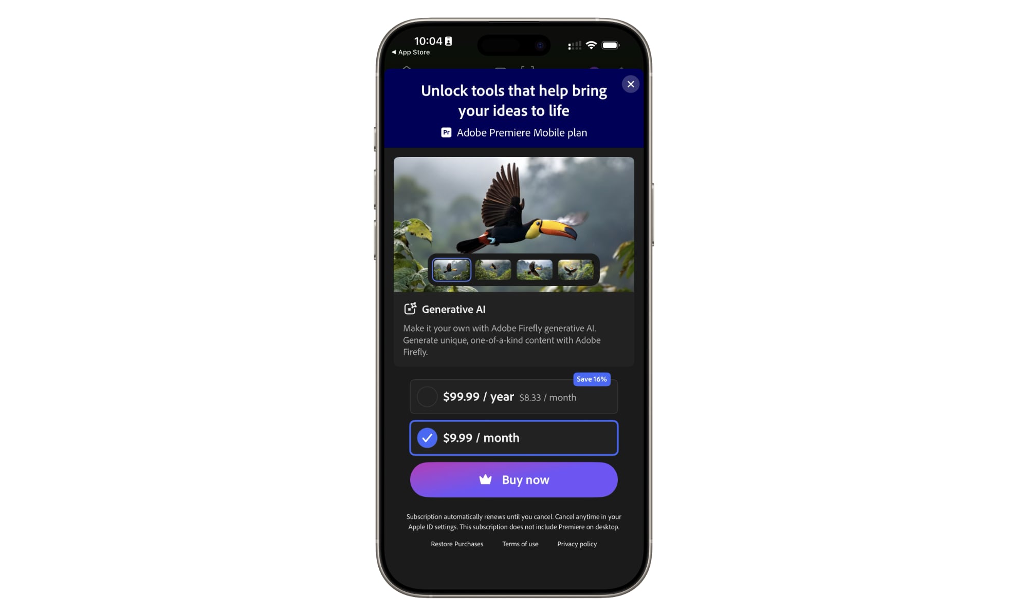 Adobe Premiere Pro Mobile Plan in app purchase