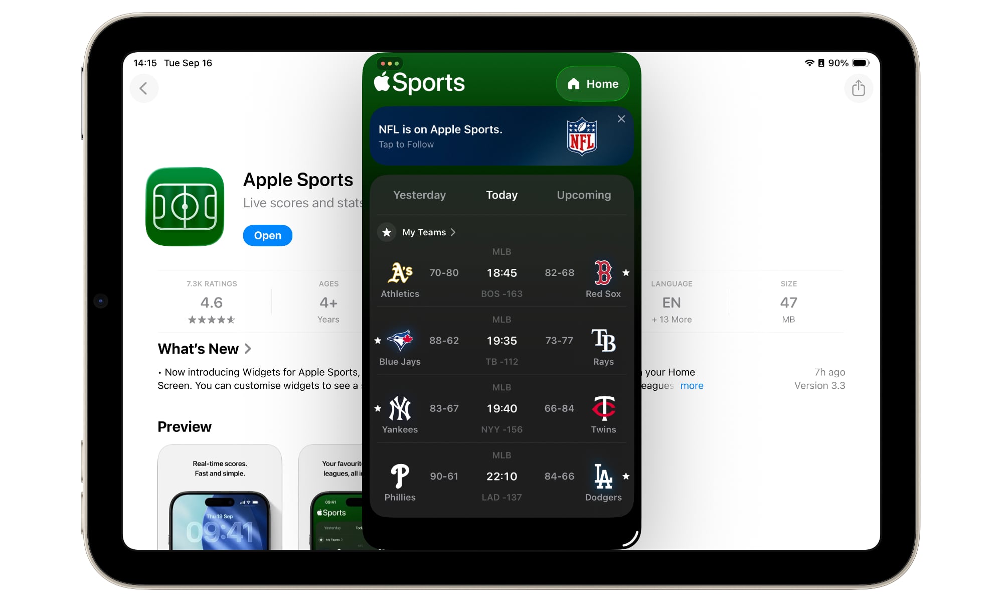 Apple Sports iPhone app on iPad