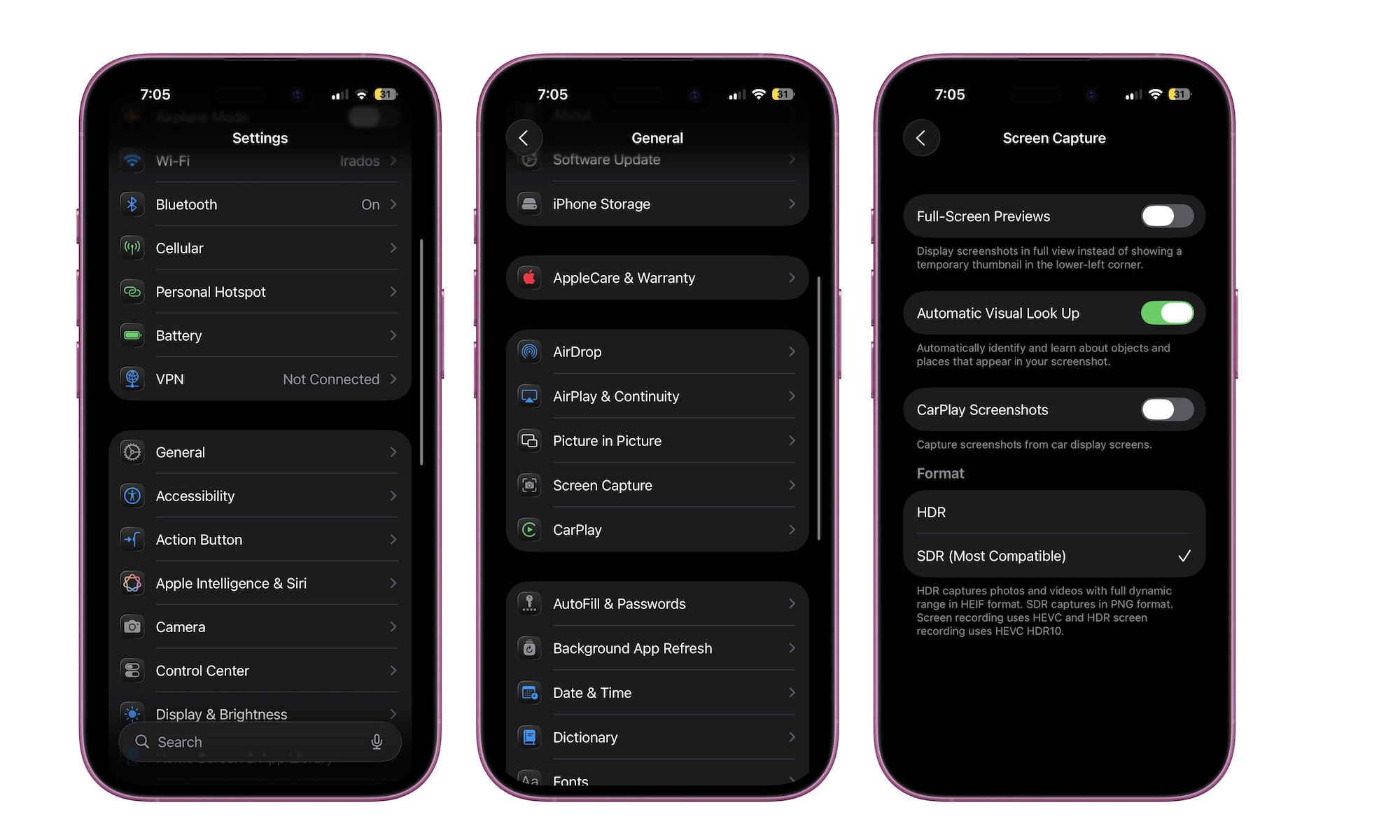 Change formar of Screenshots iOS 26 iPhone