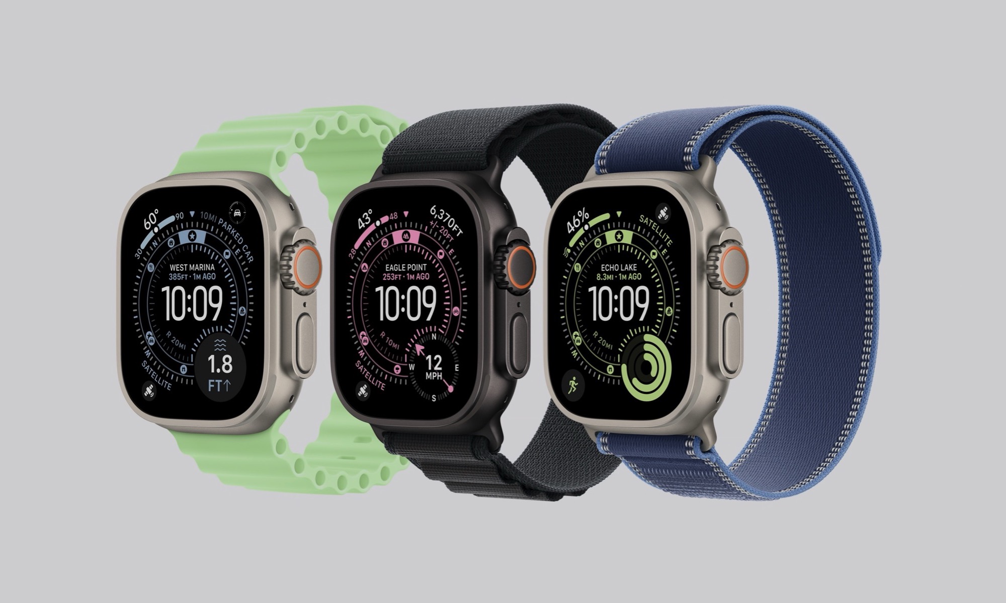 Three Apple Watch Ultra 3 models shown with various colors bands.