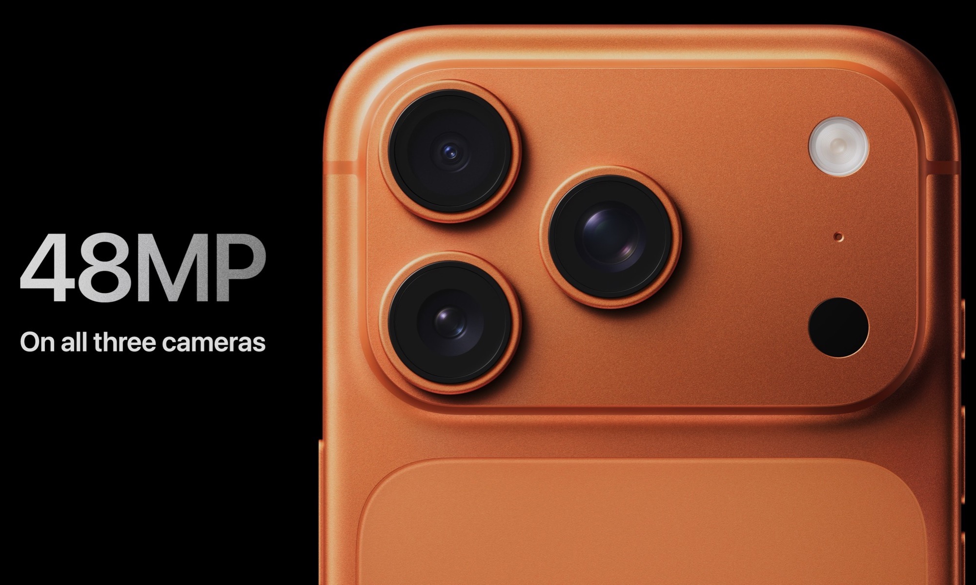 iPhone 17 Pro Max camera plateau showing 48MP on all three cameras.