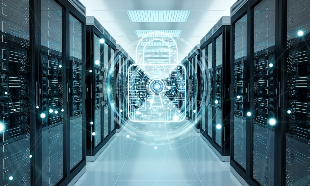 Firewall activated on server room data center 3D rendering