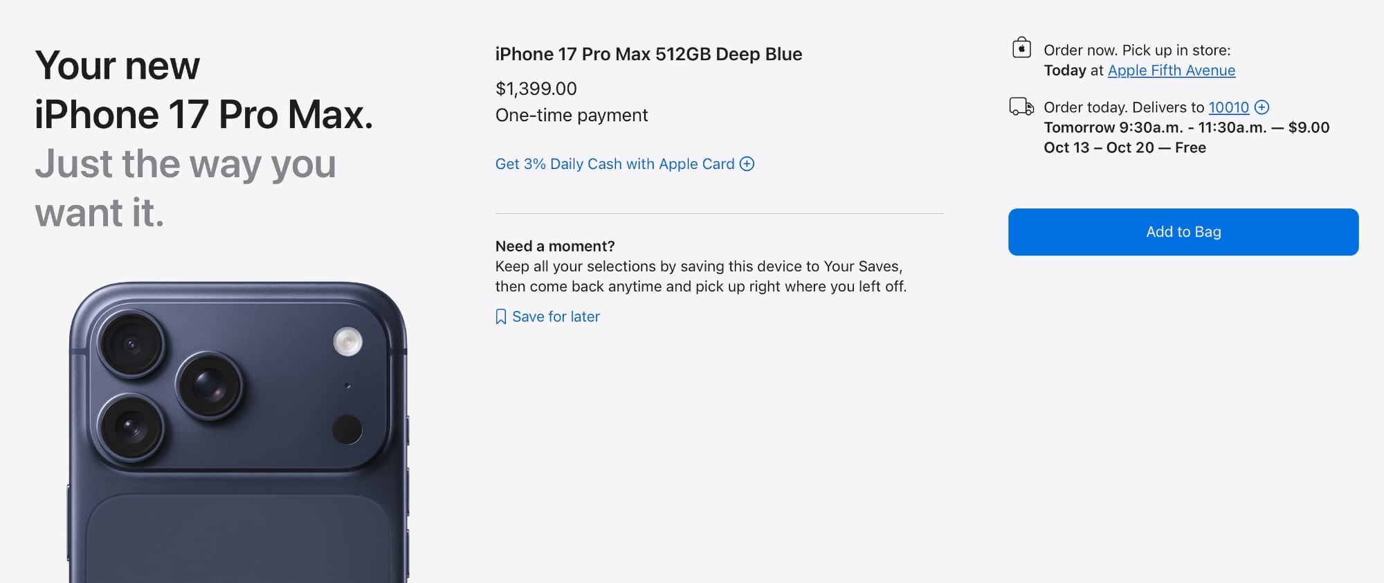iPhone 17 Pro Max Apple Store shipping page