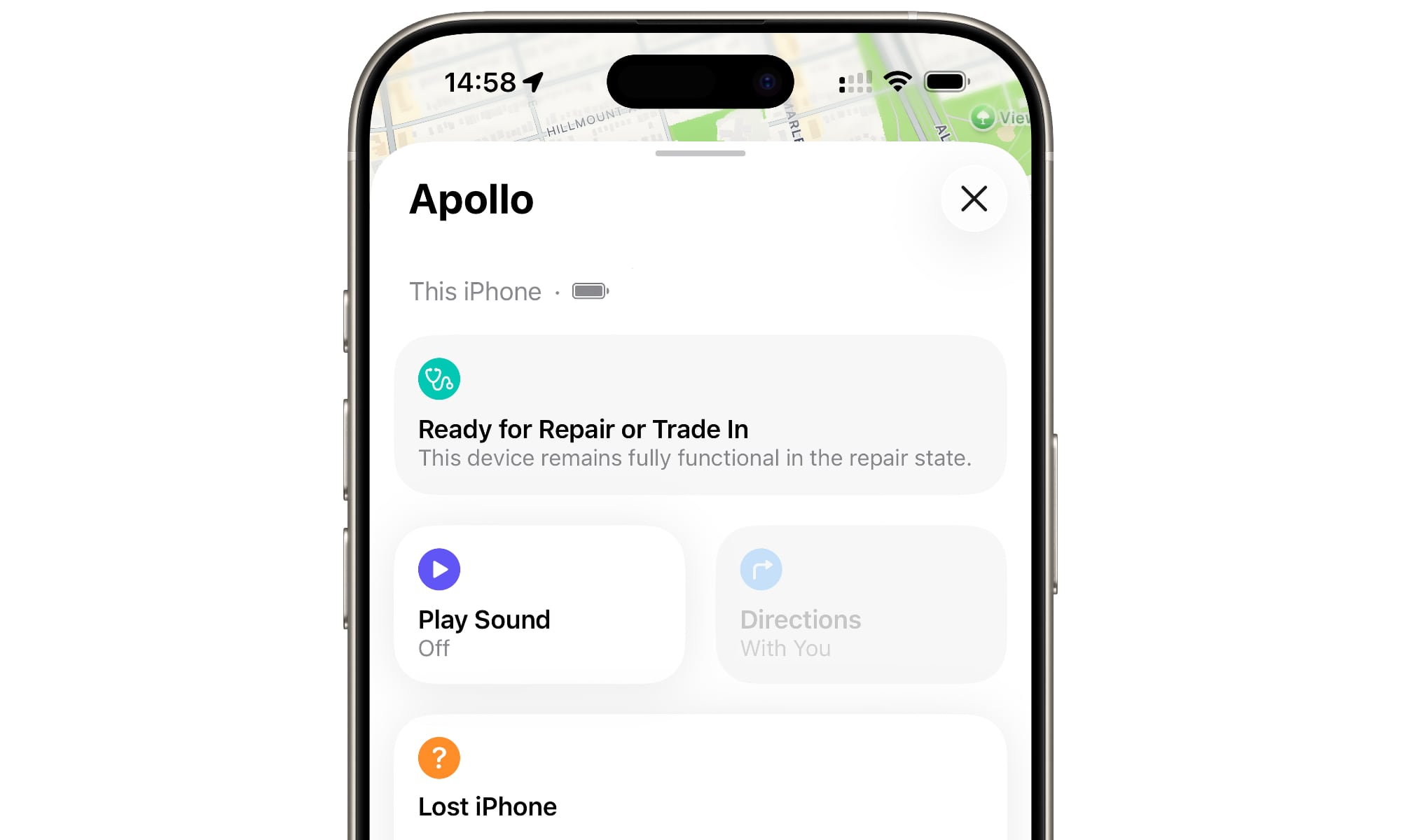 iPhone Ready for Repair or Trade in Find My app
