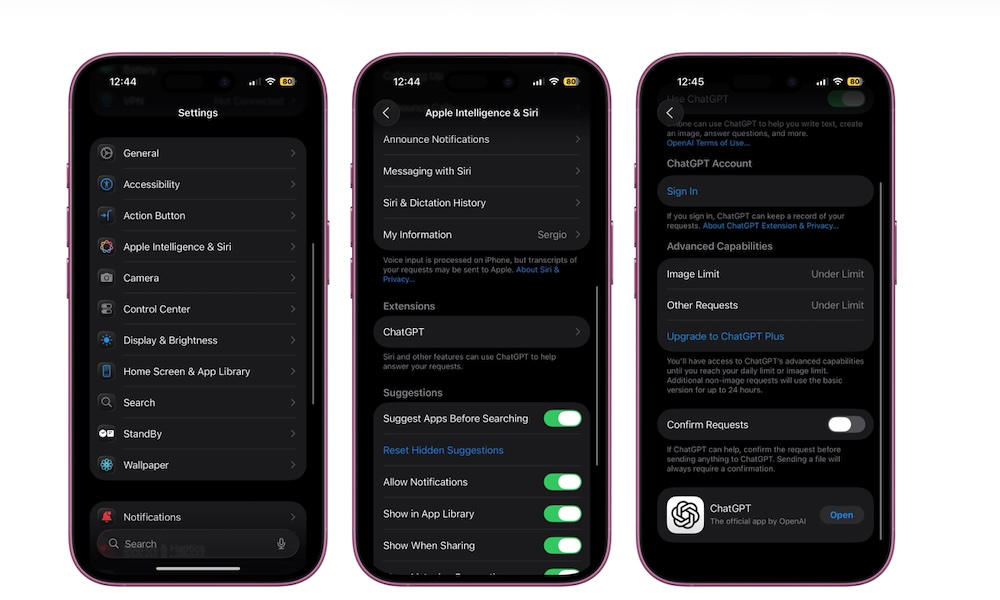 ChatGPT Confirm Request Siri Settings in iOS 26