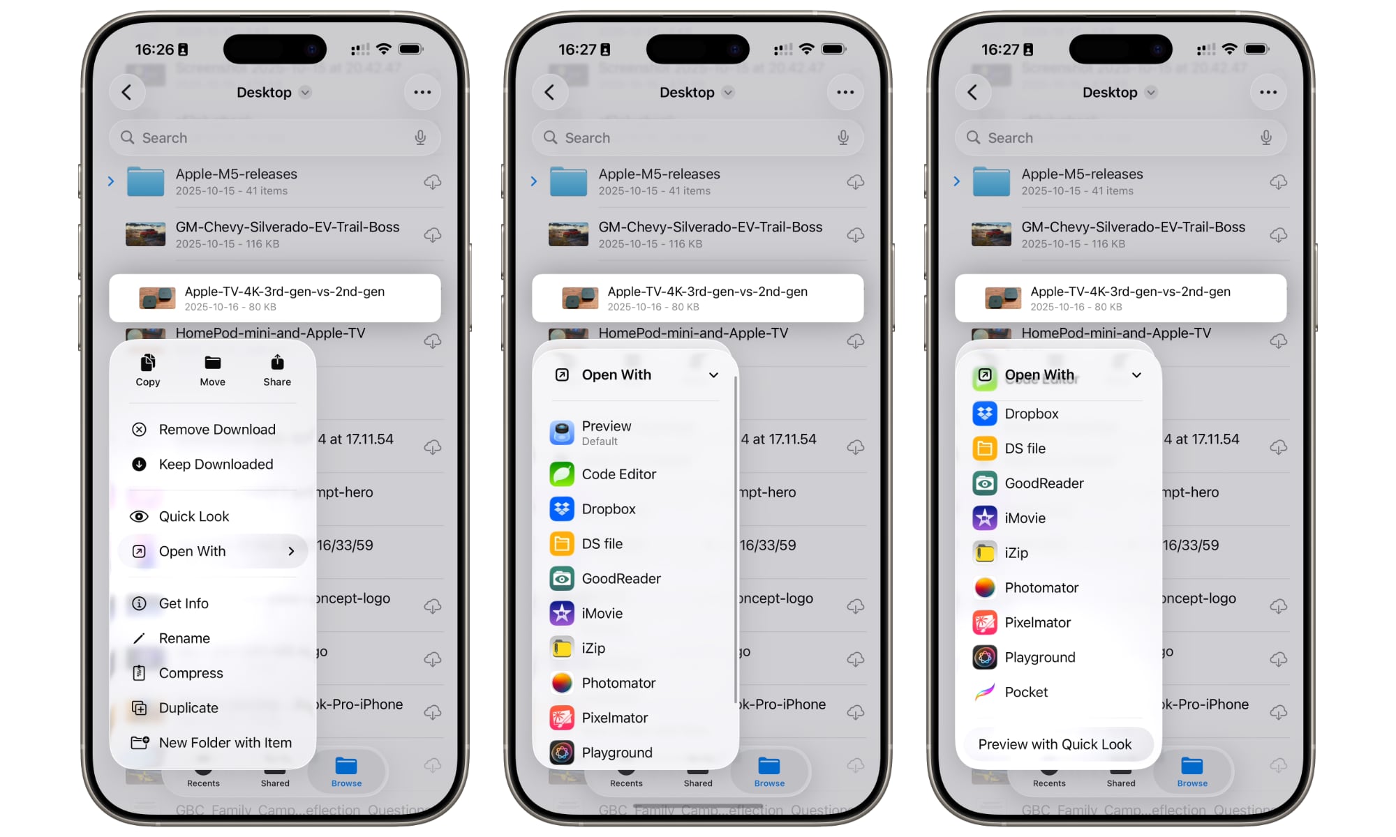 Three iPhones showing menu path to the Preview with Quick Look option in Files app.