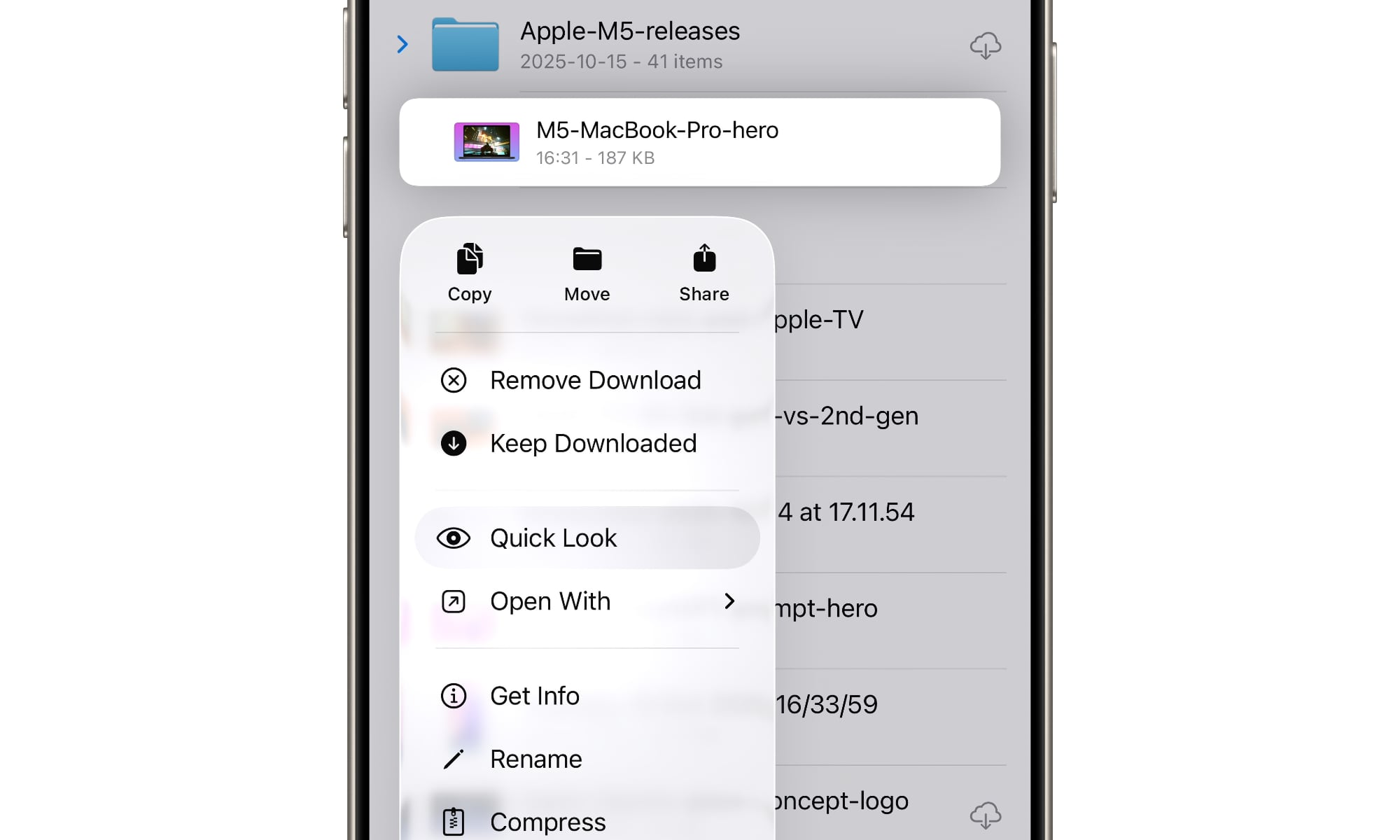 Quick Look menu option in Files app