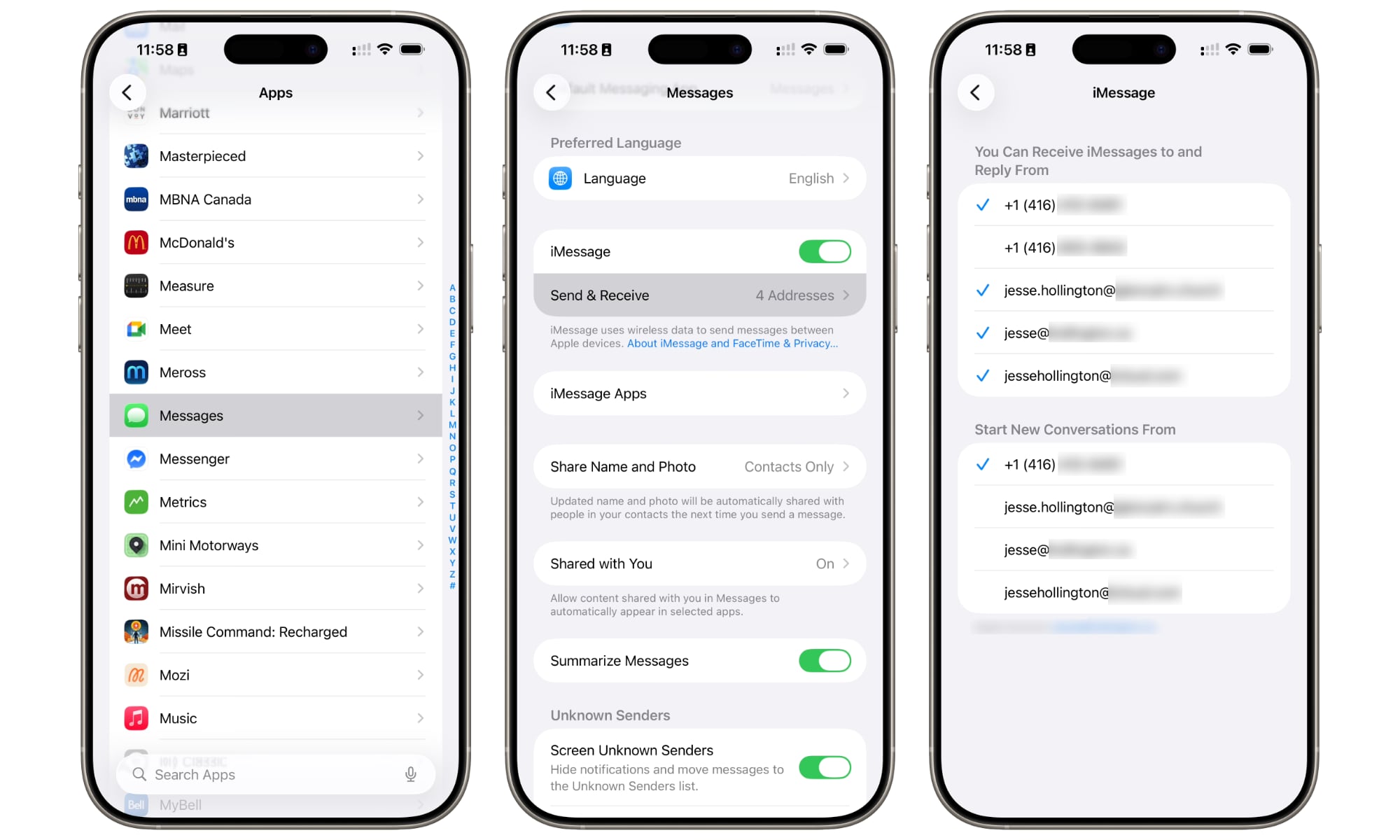 iOS 26 iMessage send and receive address settings