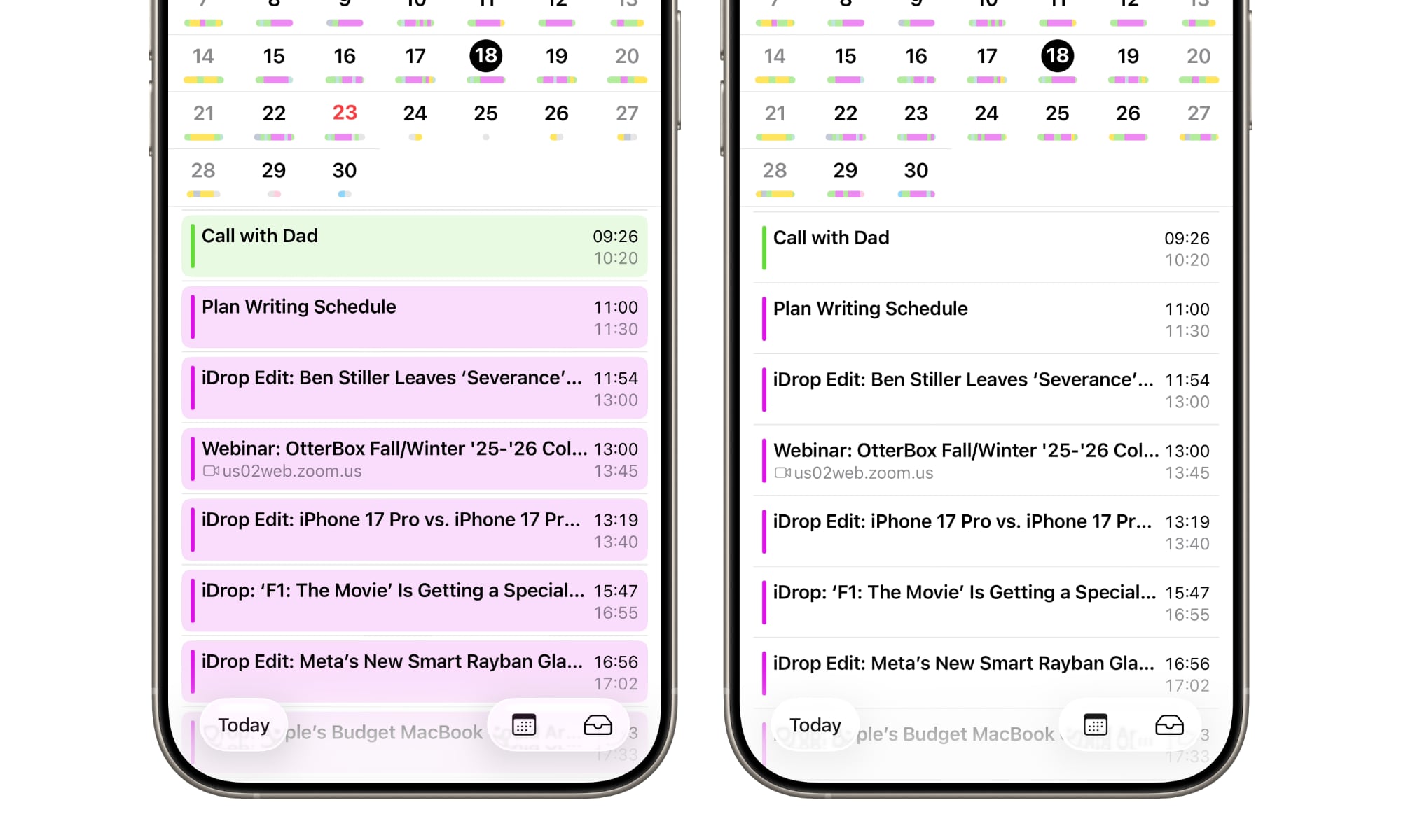 iOS 26.1 beta 2 Calendar app vs beta 1