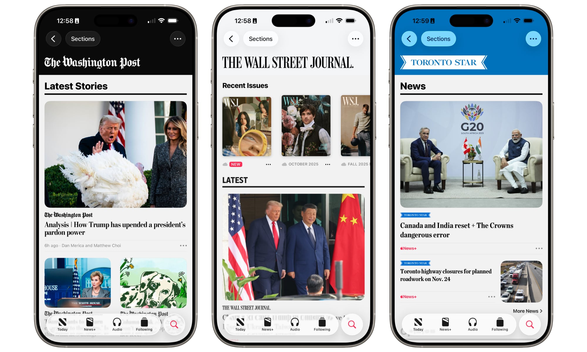 Apple News Washington Post WSJ Toronto Star Nov 2025