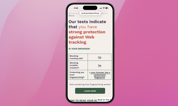 Screenshot of the Cover Your Tracks website results page showing a unique browser fingerprint