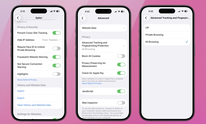 iPhone Safari Settings menu showing Privacy and Security options