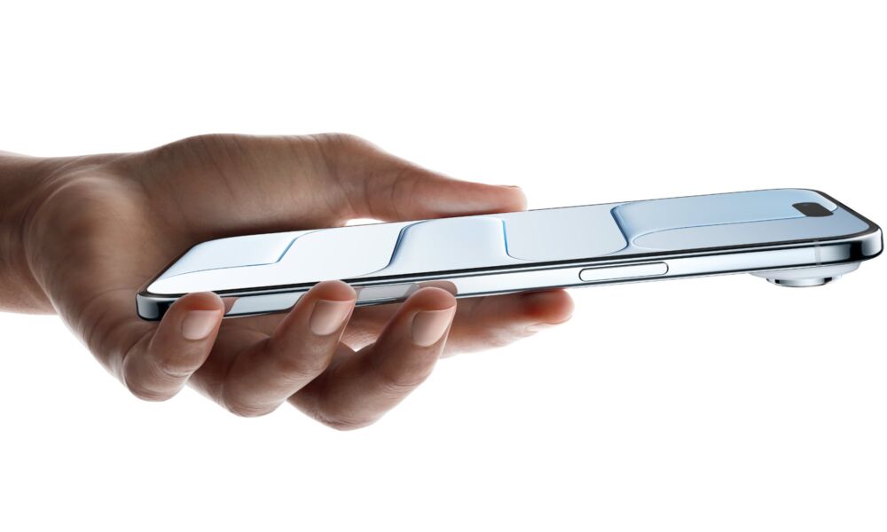 Hand holding out iPhone Air horizontally.