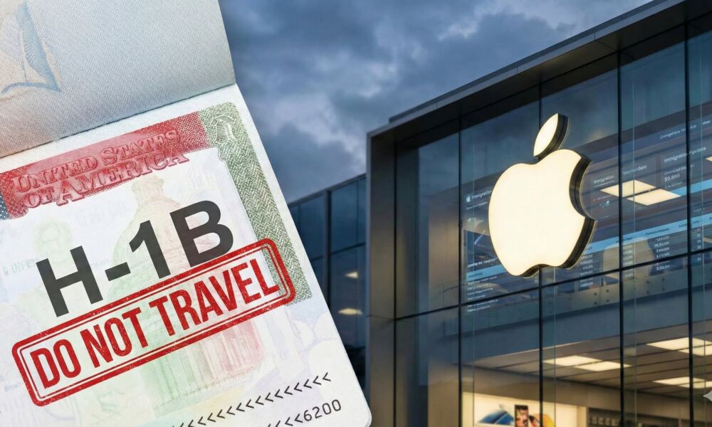 An H-1B visa with a red stamp reading 'DO NOT TRAVEL' is shown next to the modern glass facade of an Apple corporate office, representing the current travel restrictions for tech workers.