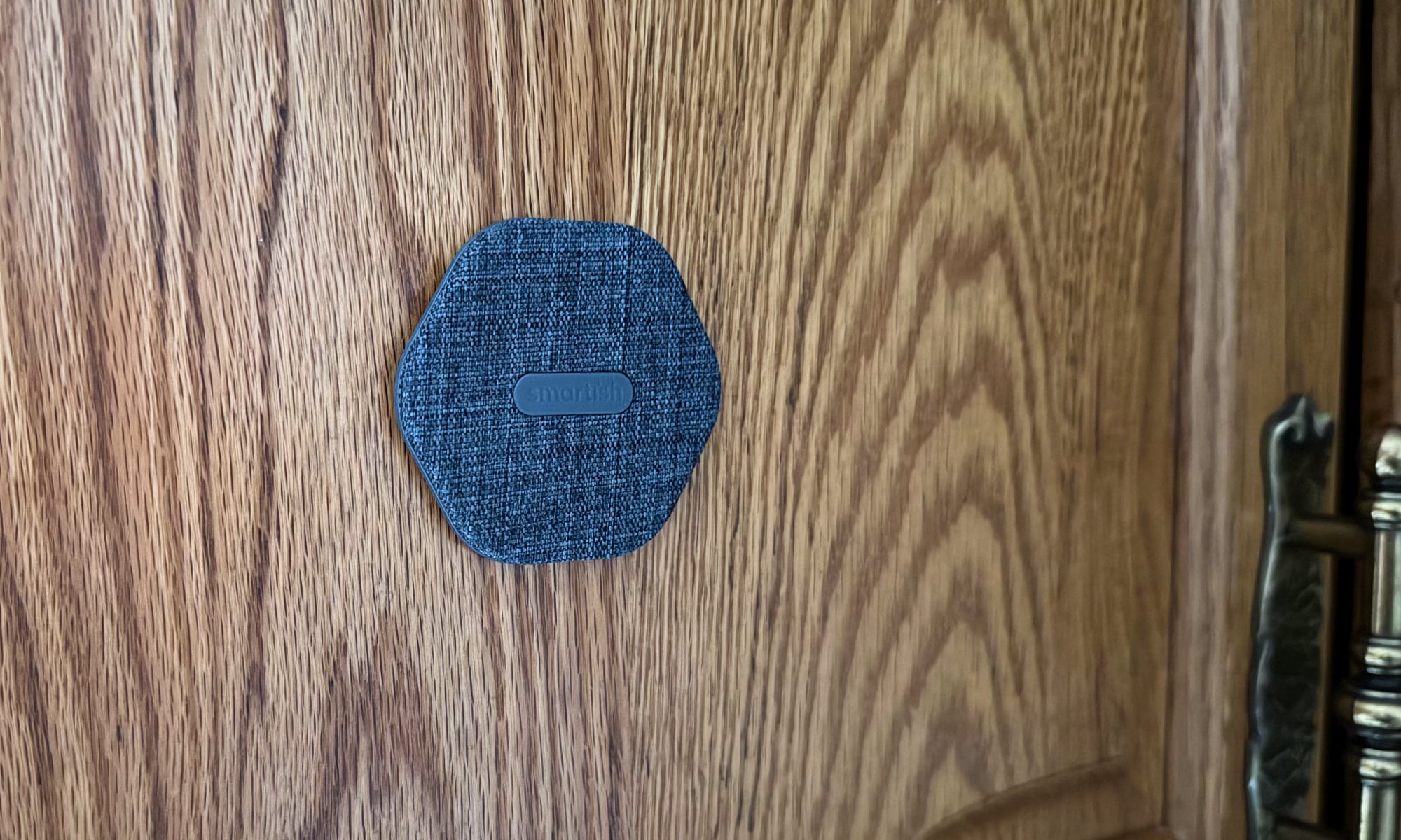 Smartish Mountaineer on brown kitchen cabinet door.