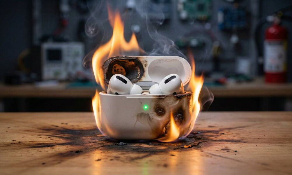 concept image of fake AirPods on fire