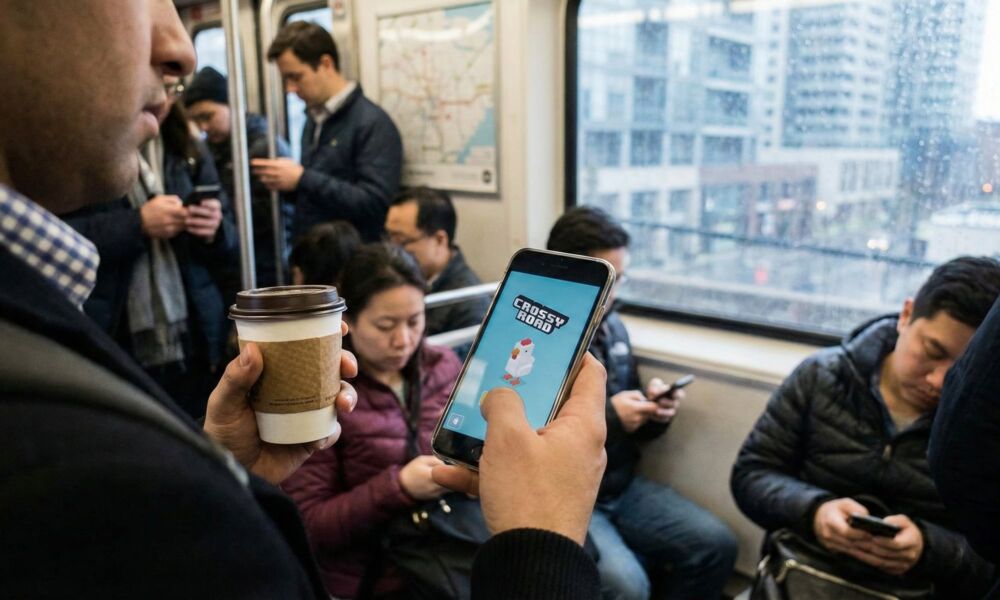person playing Crossy Road one handed game iPhone subway train transit commute
