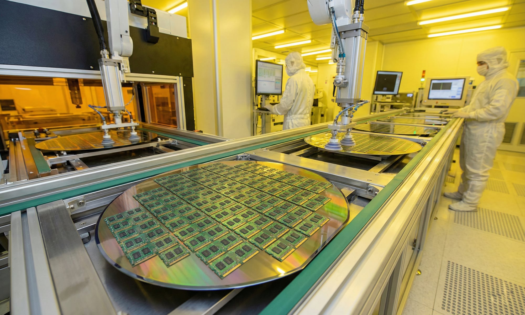AI-generated illustration of computer chips on a conveyor belt in a yellow-lit clean room.