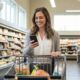 Woman looking at an iPhone and smiling while pushing a shopping cart through a brightly lit grocery store.