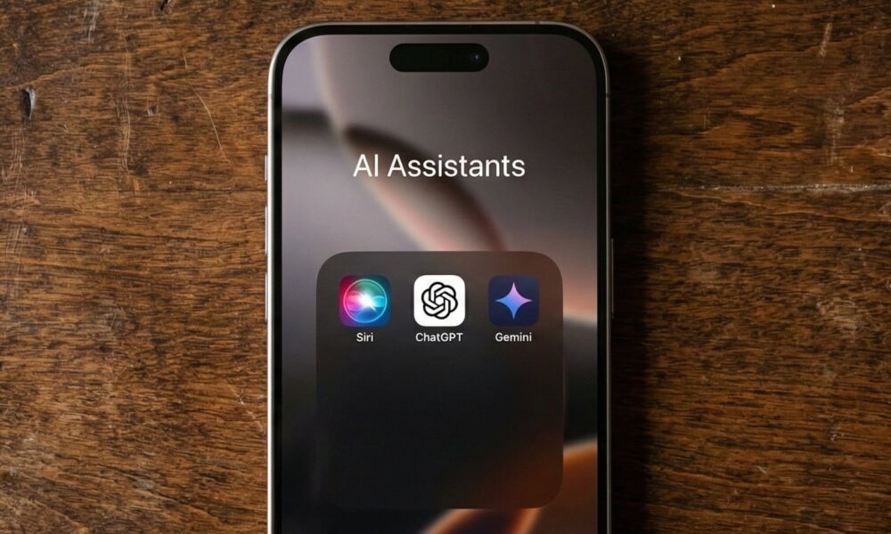 Overhead shot of an iPhone lying face-up on a textured brown wooden surface. The screen shows an open iOS folder titled "AI Assistants" featuring the colorful Siri orb icon, the ChatGPT logo, and the Gemini star icon.