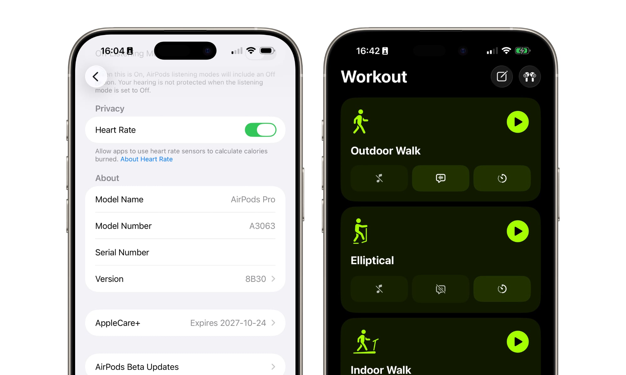 AirPods Pro 3 Heart Rate Setting and Workouts in iPhone Fitness app.