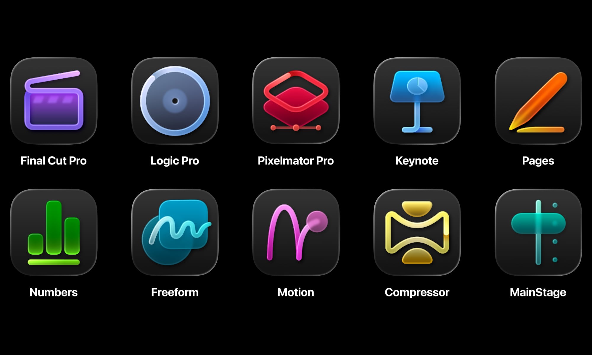 A promotional graphic for Apple Creator Studio showcasing the app icons for Final Cut Pro, Logic Pro, Pixelmator Pro, Motion, Compressor, and MainStage arranged over a vibrant, multi-colored background. The image highlights the comprehensive nature of the creative subscription suite for Mac and iPad.