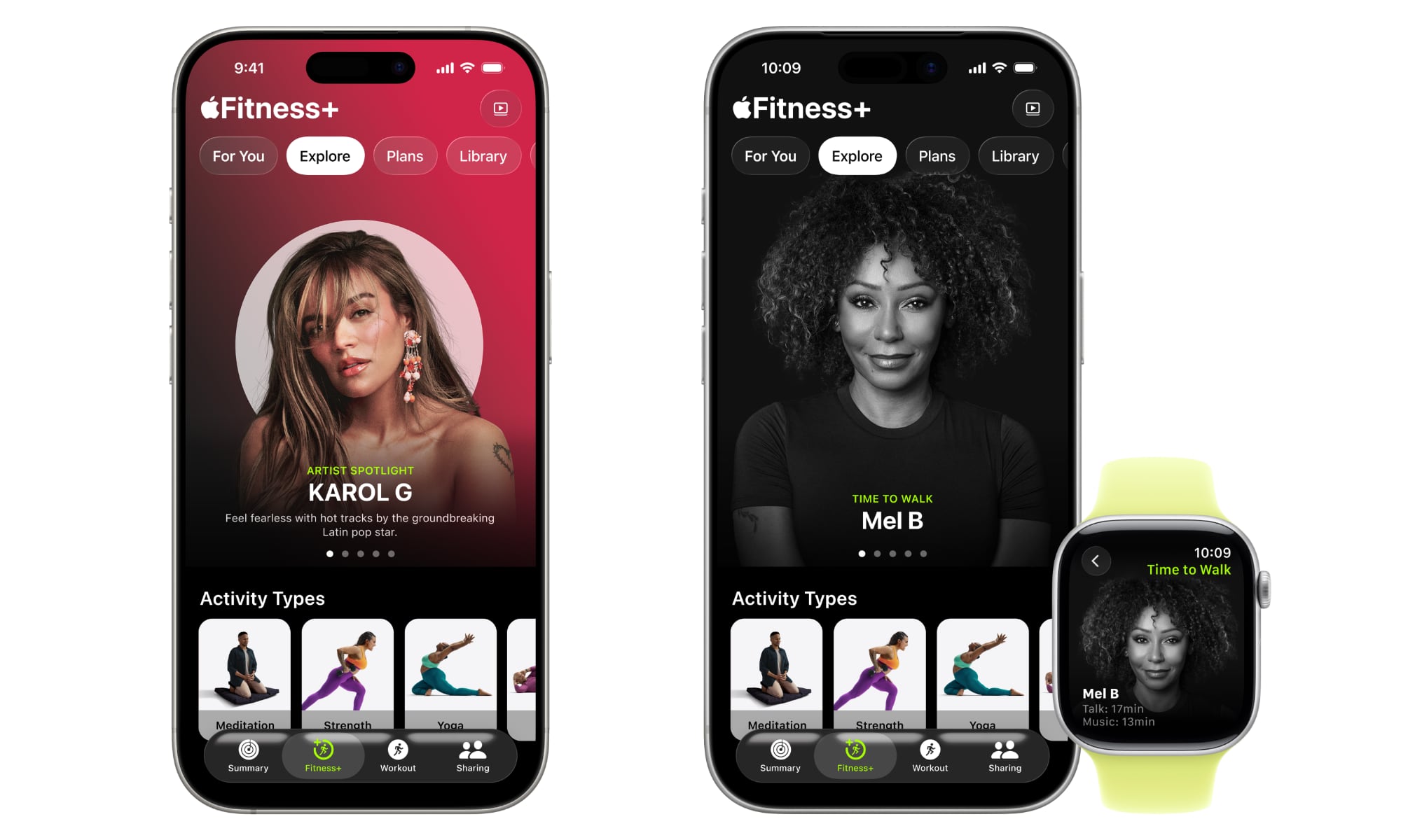 The Artist Spotlight Page and Time to Walk in Fitness+ displayed on iPhone and Apple Watch.