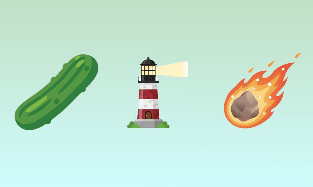 Draft designs for Unicode 18 emojis including pickle, lighthouse, and meteor.