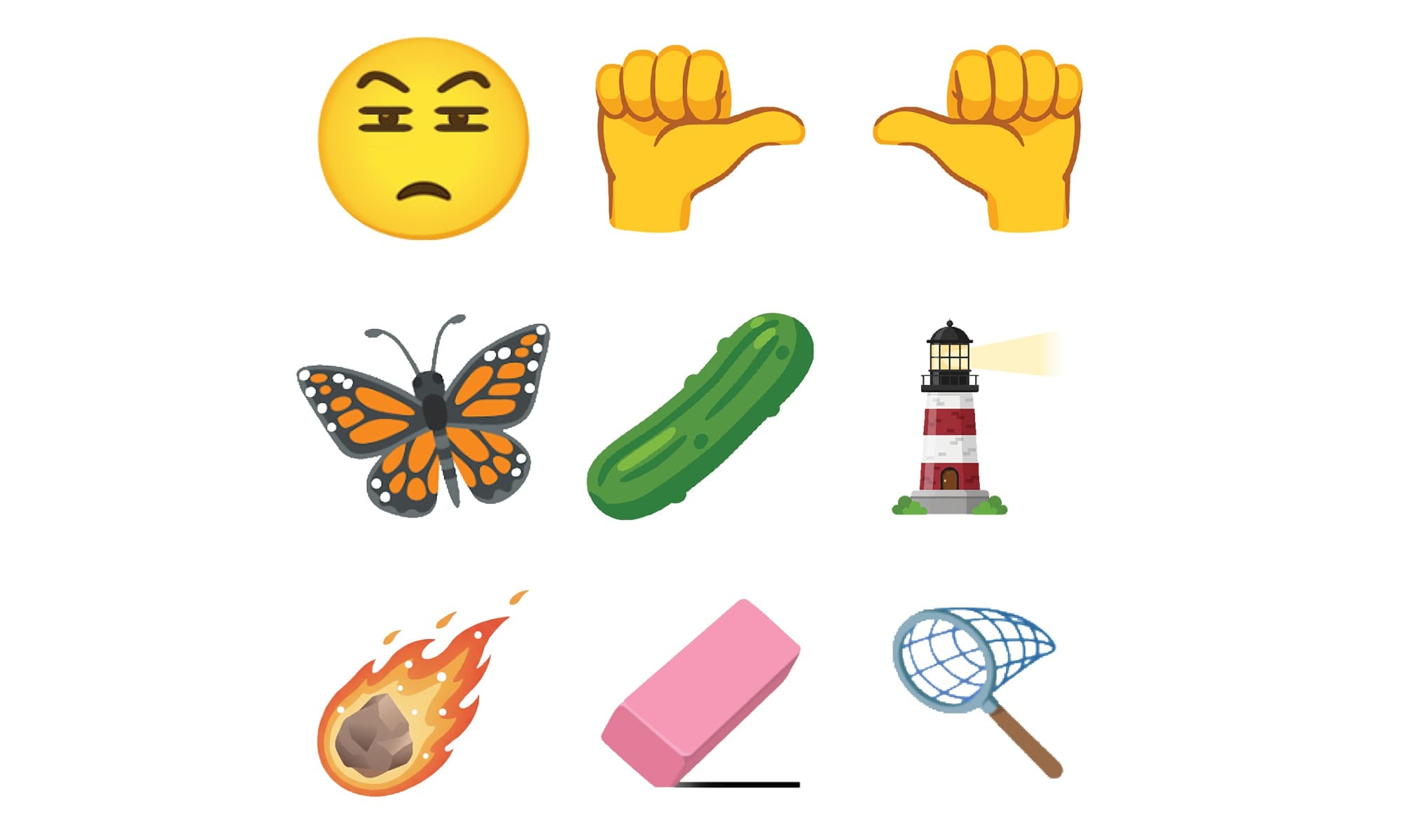 Draft designs for Unicode 18 emojis including pickle, lighthouse, and monarch butterfly.