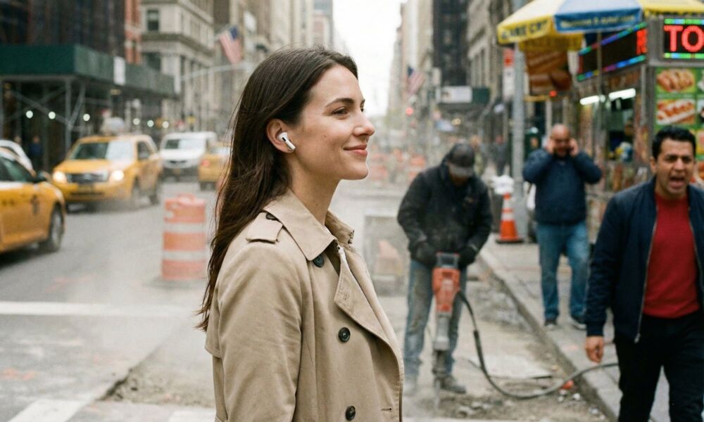 A woman wearing AirPods Pro walks calmly and smiles while navigating a chaotic city street. In the background, yellow taxis drive past and construction workers use a jackhammer, contrasting the noisy environment with her peaceful demeanor.