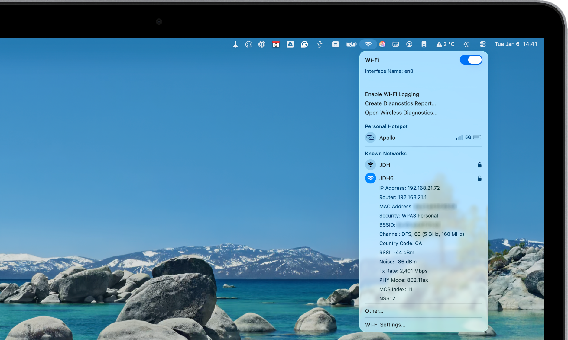 MacBook Pro macOS 26 Tahoe Wi Fi details 160MHz