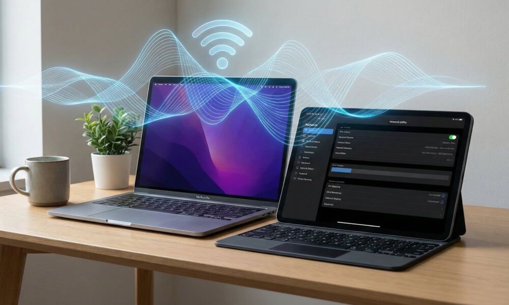 A MacBook Pro and iPad Pro on a wooden desk with glowing blue Wi-Fi signal waves and a signal icon floating above them, representing a high-speed wireless connection.